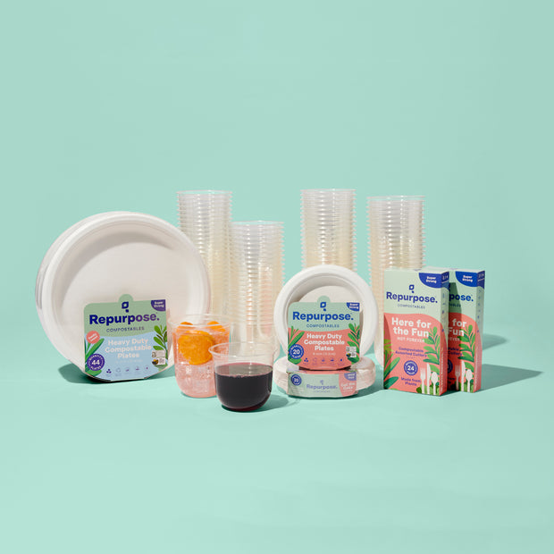 Repurpose 100% Compostable Drink & Dine Bundle & Packaging. Includes our Repurpose 10” Dinner Plates, Repurpose 6” Dessert Plates, Repurpose Assorted Cutlery, Repurpose 12oz Stemless Wine Cups and Repurpose 16oz Cocktail Cups