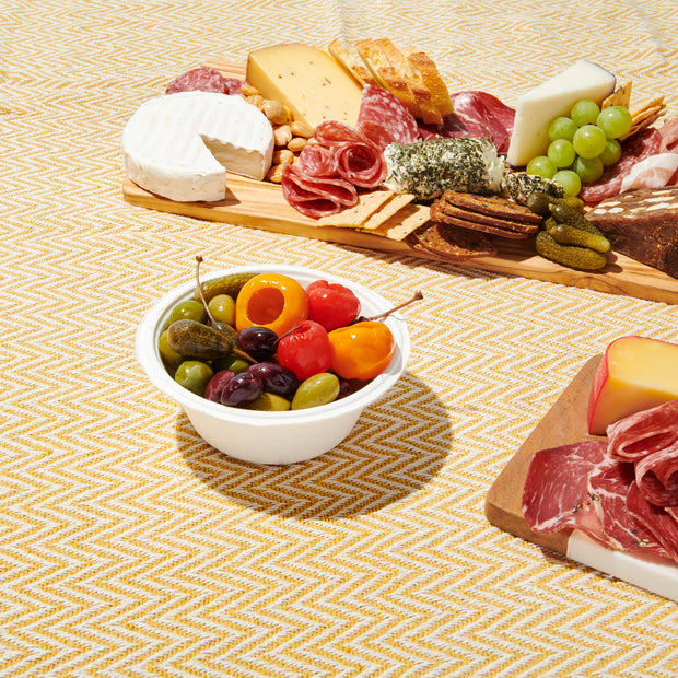 Repurpose 100% Compostable Bowls (16 oz) used during cocktail hour with a charcuterie board including cheese, crackers and fruits