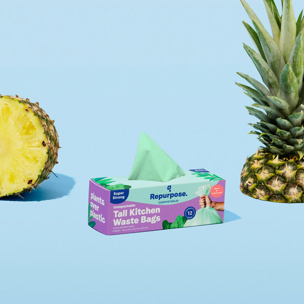 Repurpose Compostable Tall Kitchen Bag (13 gal) in packaging, 12 count per pack with pineapples.