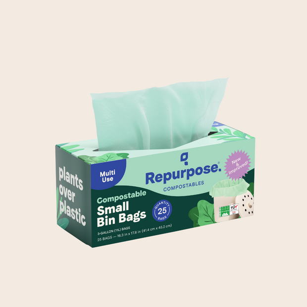 Repurpose Compostable Small Bin Bag (3 gal) in packaging, 25 count per pack