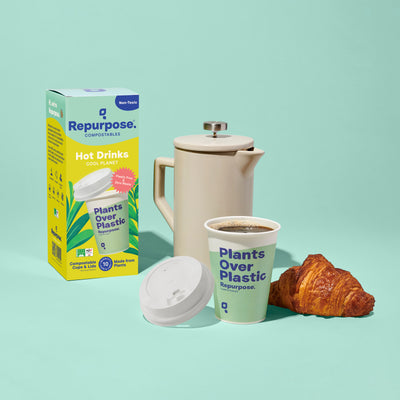 Compostable Cup and Lid Set (12 oz) with a hot coffee or hot chocolate is an essential stock added to your everyday household essentials.