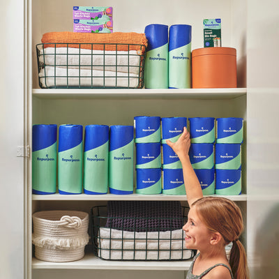 Repurpose Everyday Green Bundle, perfect to stock your family's cabinets with our Repurpose Premium Bamboo Toilet Paper, Repurpose Premium Bamboo Paper Towels, Repurpose Tall Kitchen Bags (13 gal) and Repurpose Small Bin Bags (3 gal).