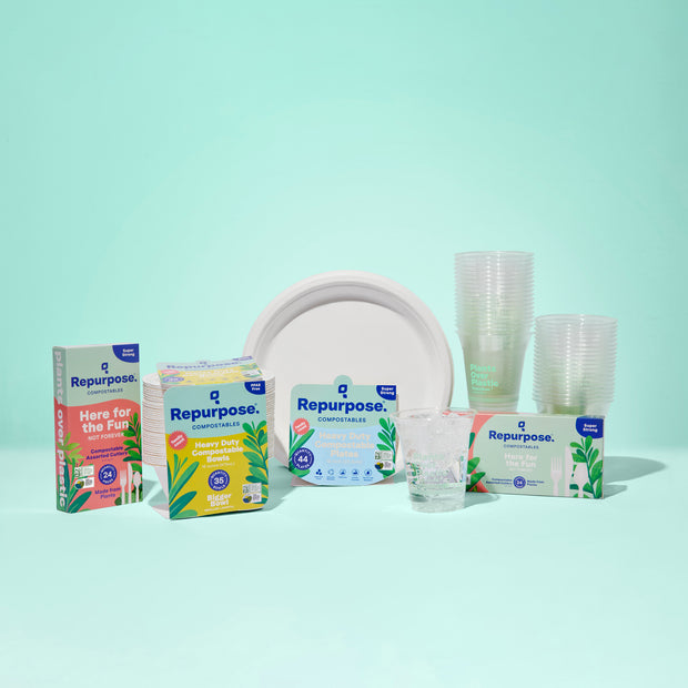 Repurpose Kitchen Table Bundle & Packaging. Featuring our Repurpose 100% Compostable 10" Dinner Plates, Repurpose 100% Compostable 16oz Bigger Bowls, Repurpose 100% Compostable Cold Cups, and Repurpose Compostable Assorted Cutlery 