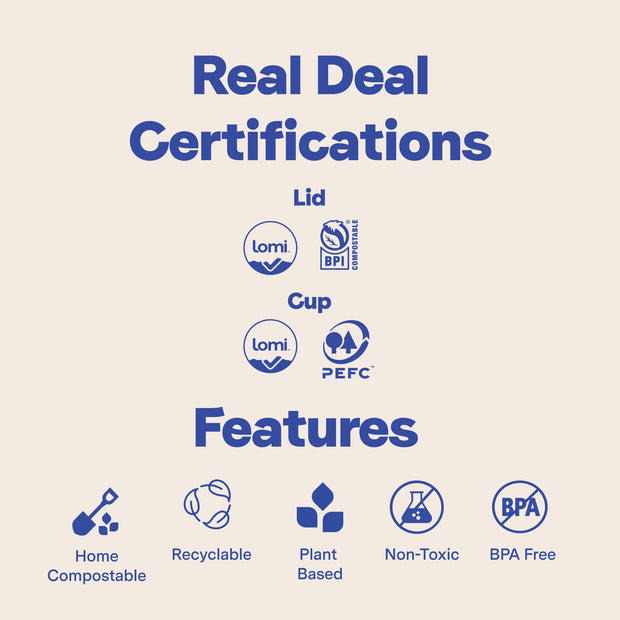 Repurpose Compostable 12 oz Cup and Lid Set Real Deal Certifications such as Lomi Approved, BPI Compostable, PEFC and Key Features: Home Compostable, Recyclable, Plant Based, Non-Toxic, BPA Free