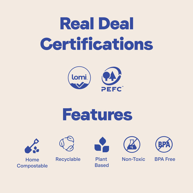 Repurpose Compostable 16 oz Hot and Cold Cups Real Deal Certifications such as Lomi Approved, PEFC and Key Features: Home Compostable, Recyclable, Plant Based, Non-Toxic, BPA Free