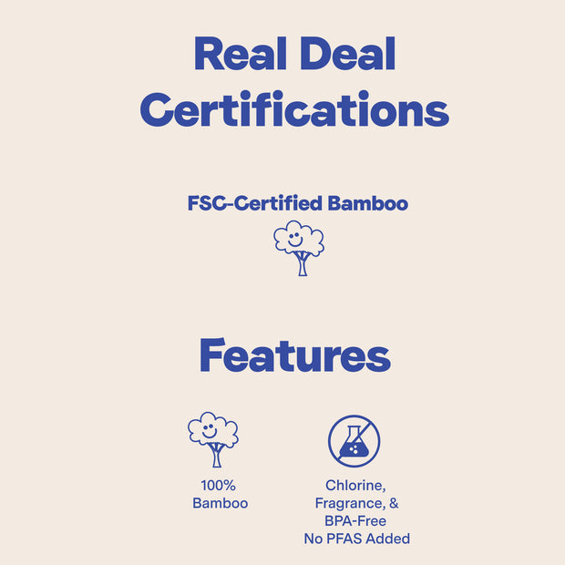Repurpose Premium Bamboo Bundle Real Deal Certifications such as FSC-Certified Bamboo and Key Features: 100% Bamboo, Chlorine, Fragrance, BPA-Free, No PFAS Added
