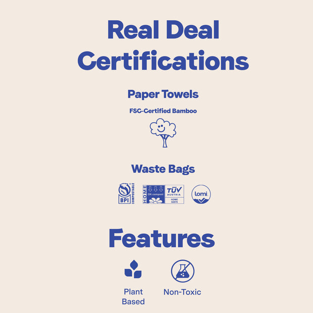 Repurpose Spotless Bundle Paper Towels, Waste Bags, Real Deal Certifications such as FSC-Certified Bamboo, BPI Compostable, TUV Home, Lomi Approved and Key Features: Plant Based, Non-Toxic