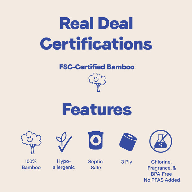 Repurpose Bamboo Toilet Paper Real Deal Certifications such as FSC-Certified Bamboo and Key Features: 100% Bamboo, Hypo-allergenic, Septic Safe, 3 Ply, Chlorine, Fragrance, BPA-Free, No PFAS Added