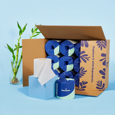 Repurpose Premium Bamboo Toilet Paper in pack shipment surrounded by bamboo.